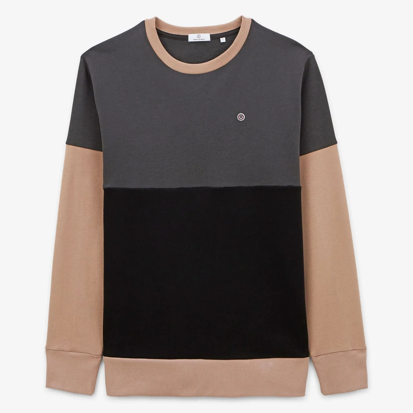 Sweats>SERGE BLANCO Charcoal gray tricolor round neck sweatshirt NOIR