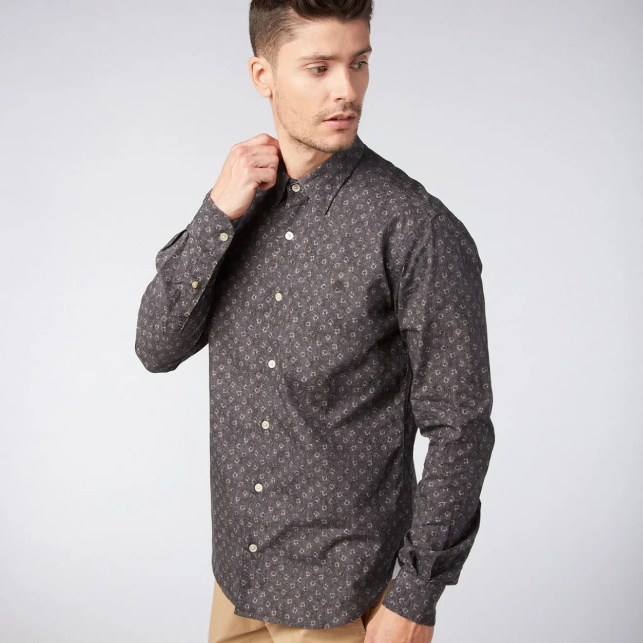 Chemises>SERGE BLANCO Charcoal printed poplin shirt with slim fit OLIVE