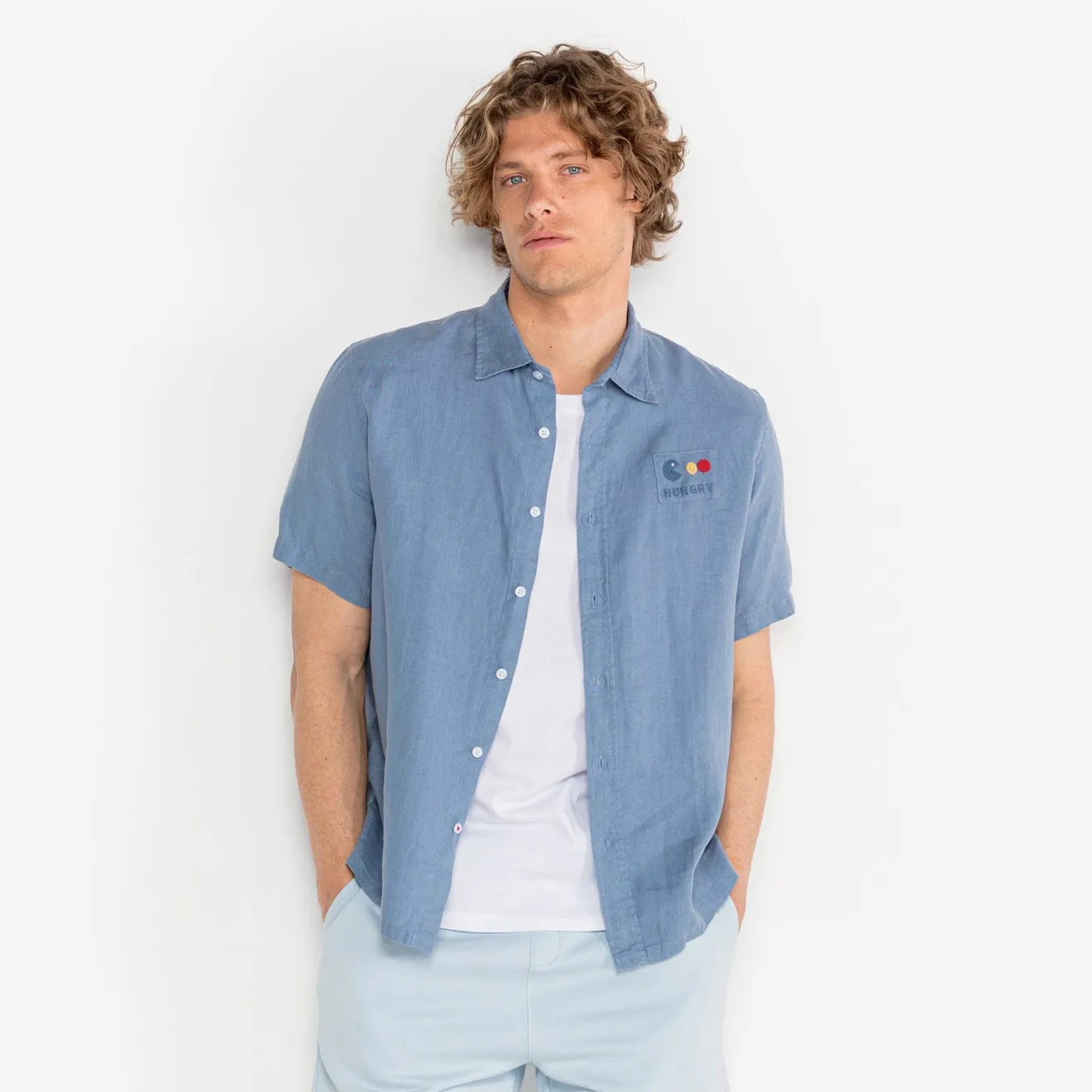 Crazy Logo|Chemises>SERGE BLANCO Clovis shirt with cloud blue arcade embroidery SKIN