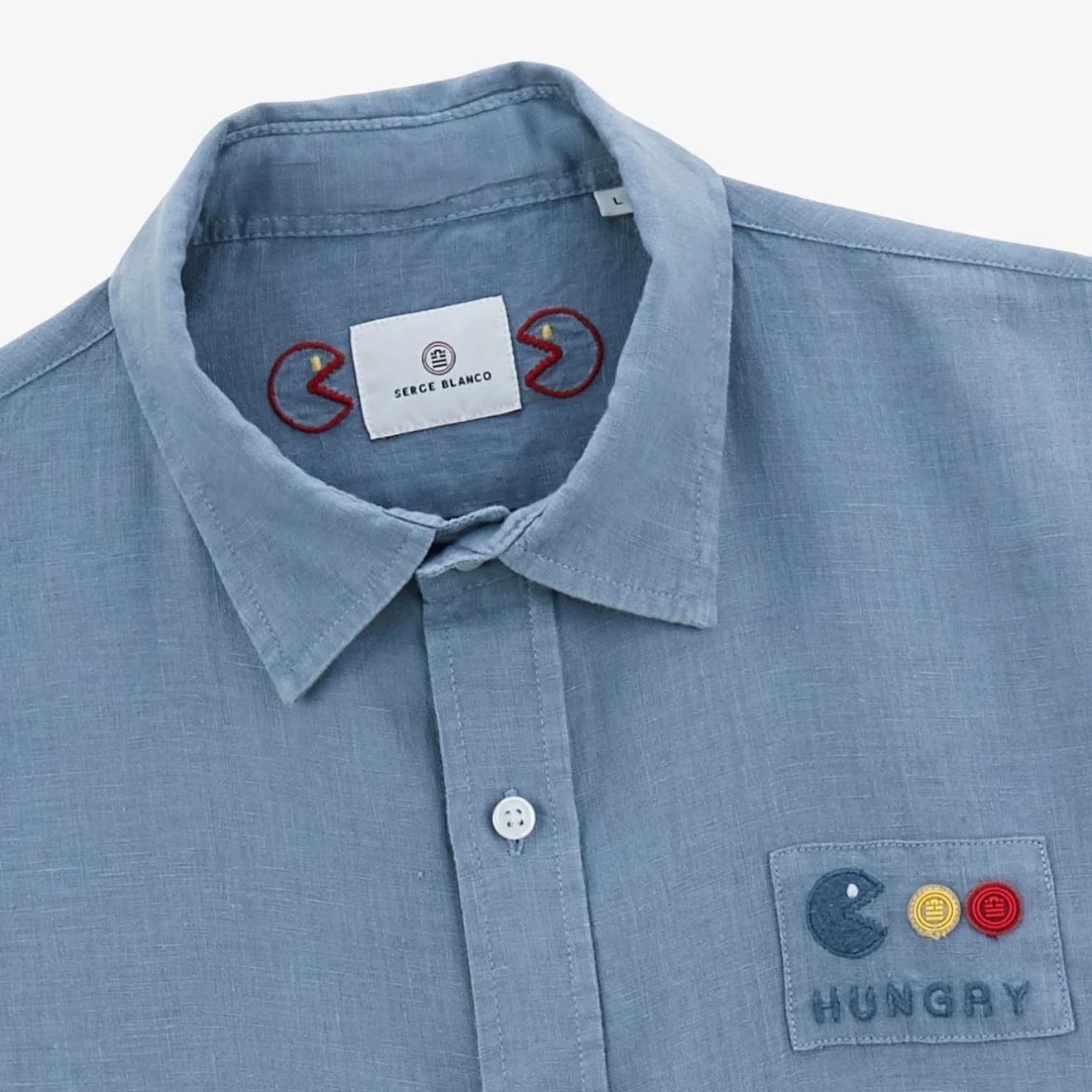 Crazy Logo|Chemises>SERGE BLANCO Clovis shirt with cloud blue arcade embroidery SKIN