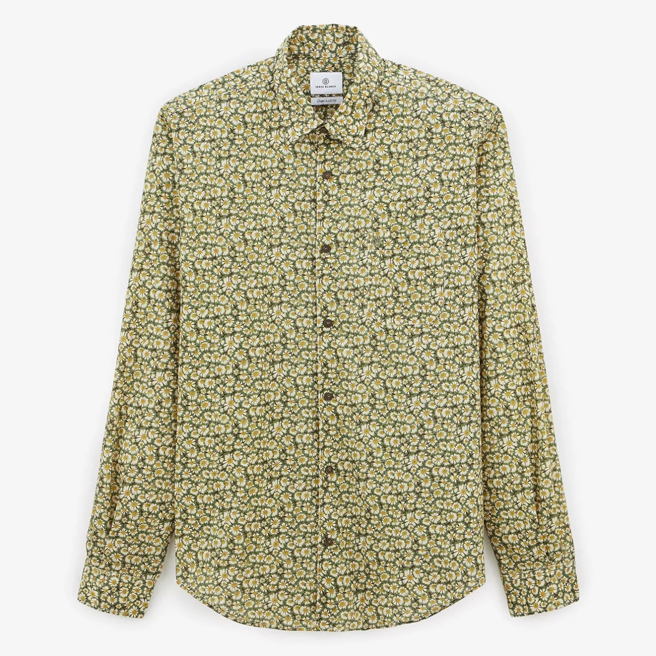 Chemises>SERGE BLANCO Olive green daisy long sleeve cotton shirt MILITAIRE