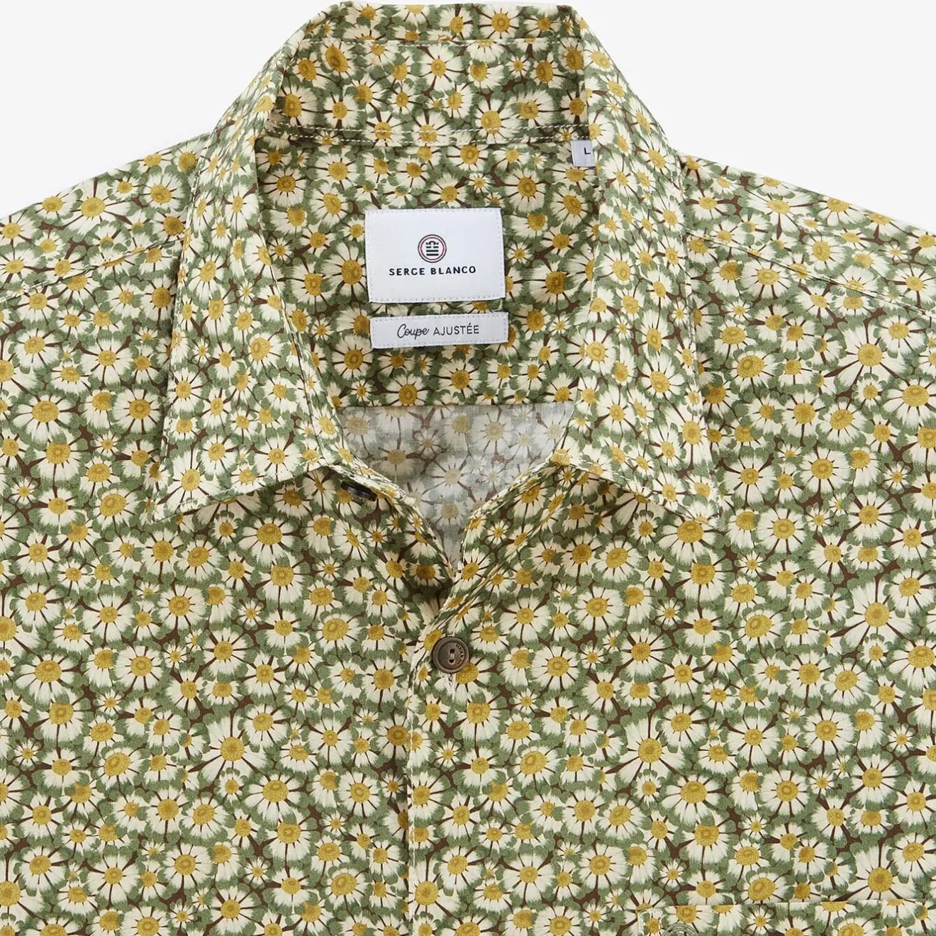 Chemises>SERGE BLANCO Olive green daisy long sleeve cotton shirt MILITAIRE