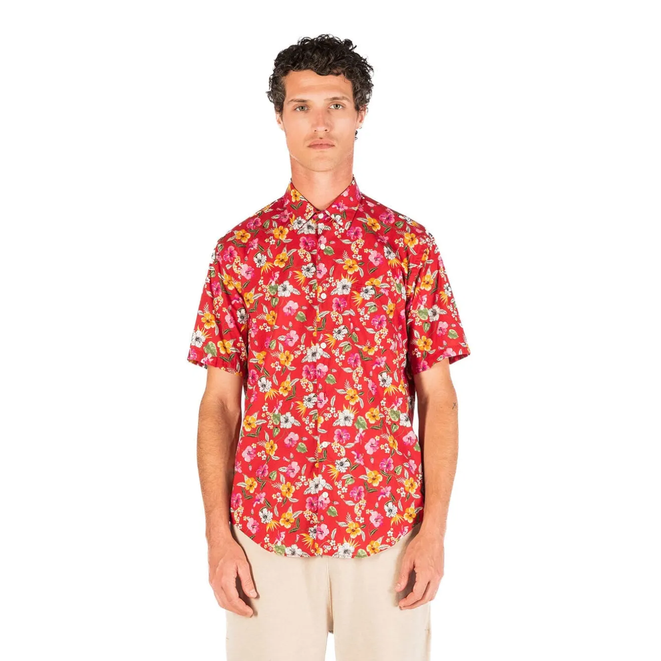 Chemises>SERGE BLANCO Regular red short-sleeved shirt with floral print dark navy