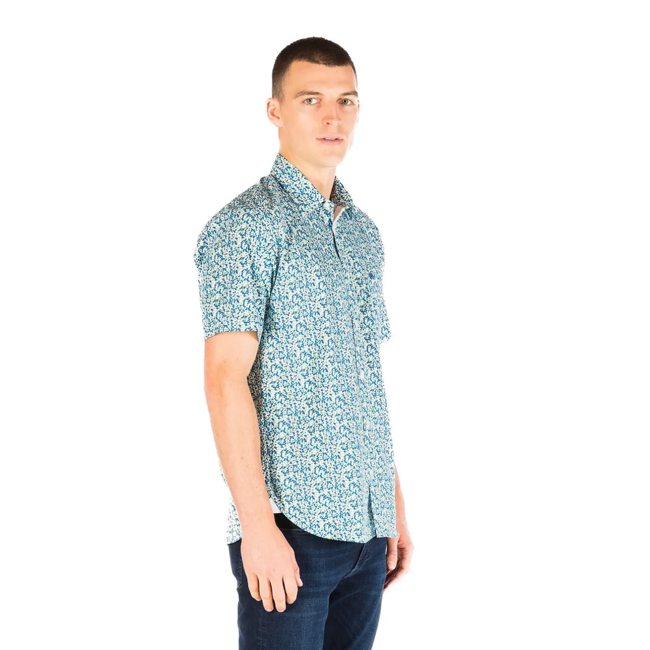 Chemises>SERGE BLANCO Regular short-sleeved shirt in azure with floral print dark navy