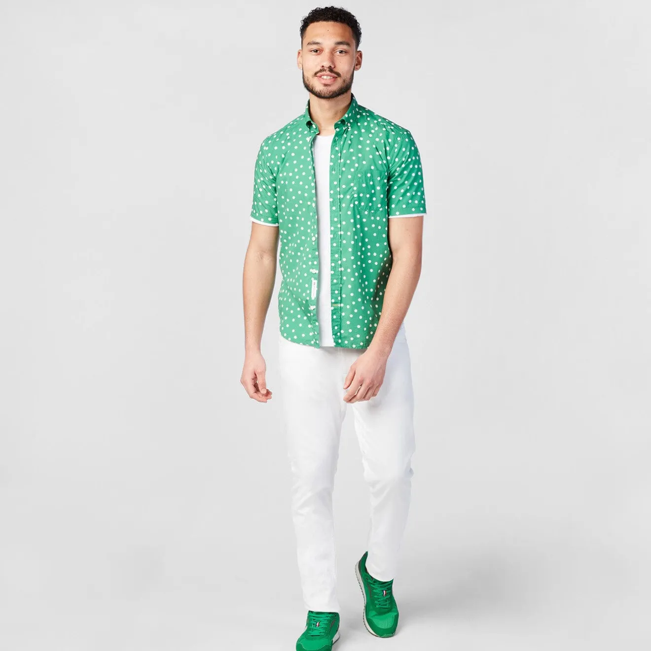 Chemises>SERGE BLANCO Short sleeved polka dot shirt in grass green dark navy