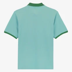 Polos>SERGE BLANCO Short-sleeved pique polo shirt in ice blue cotton with fir green colla dark navy
