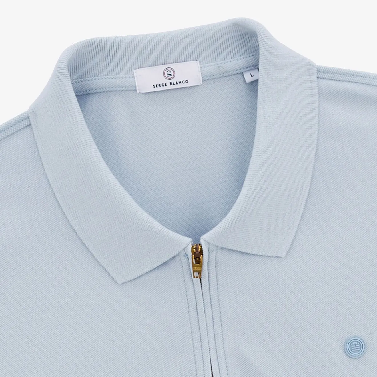 Polos|L'élégant>SERGE BLANCO Sky blue Lino pique short-sleeved polo shirt with zipped collar LATTE